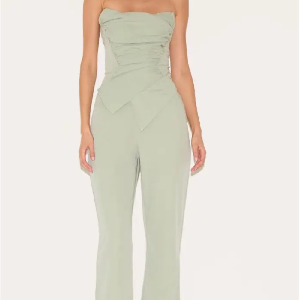 PrettyLittleThing Sage Green Ruched Corset Bandeau Jumpsuit